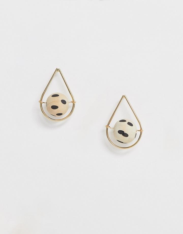 Asos Design Earrings In Open Teardrop Shape With Wood Ball In Gold Tone - Gold
