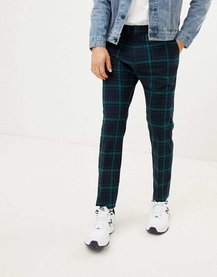 Weekday Tailored Pants In Green Check - Blue
