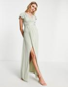 Tfnc Bridesmaid Ariana Flutter Sleeve V Neck Dress In Sage Green