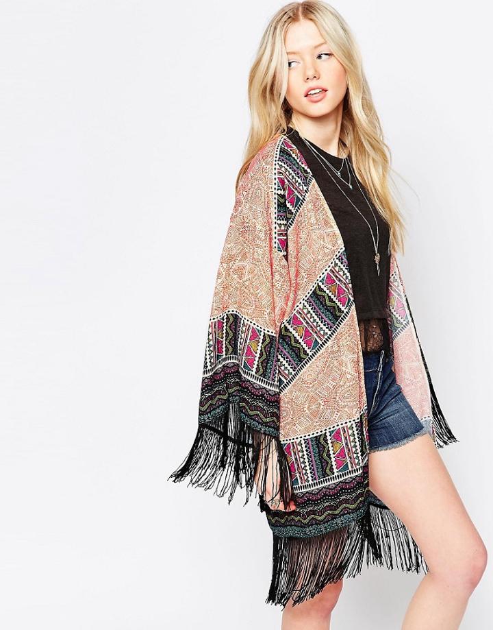 Kiss The Sky Dashiki Kimono With Fringe Detail - Print