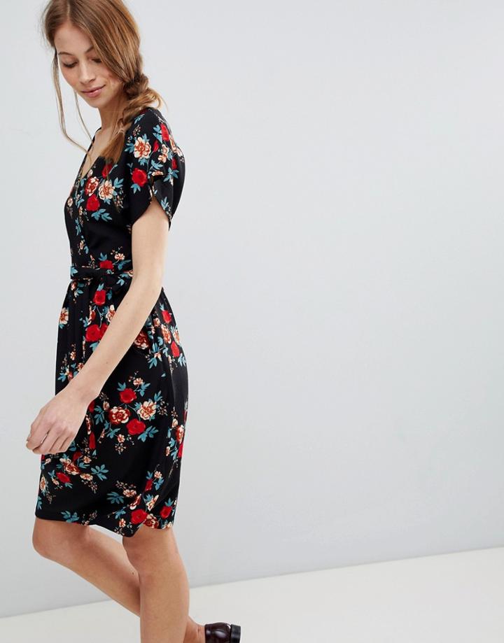 Qed London Floral Wrap Pencil Dress-navy