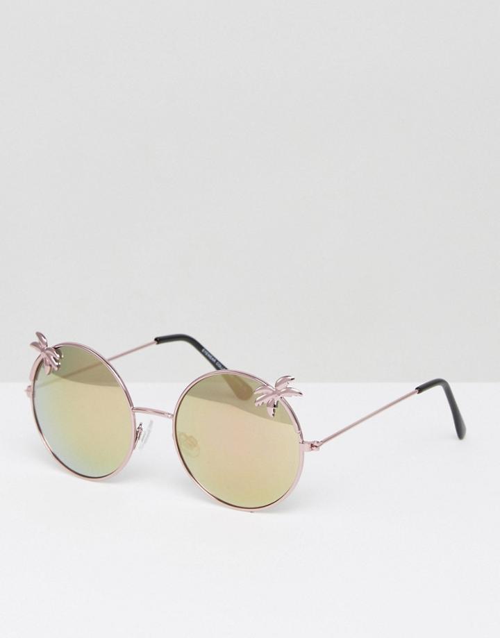 7x Round Sunglasses With Palm Tree Detail - Pink