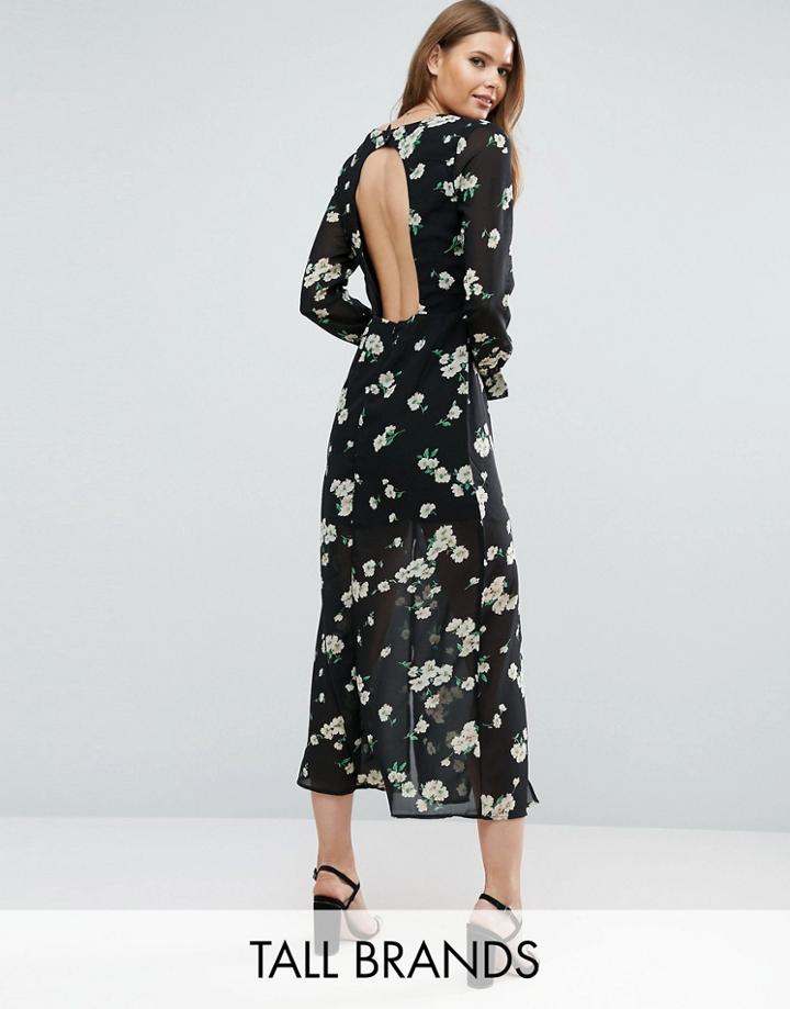 Influence Tall Dress With Cut Out Back In Floral Print - Black