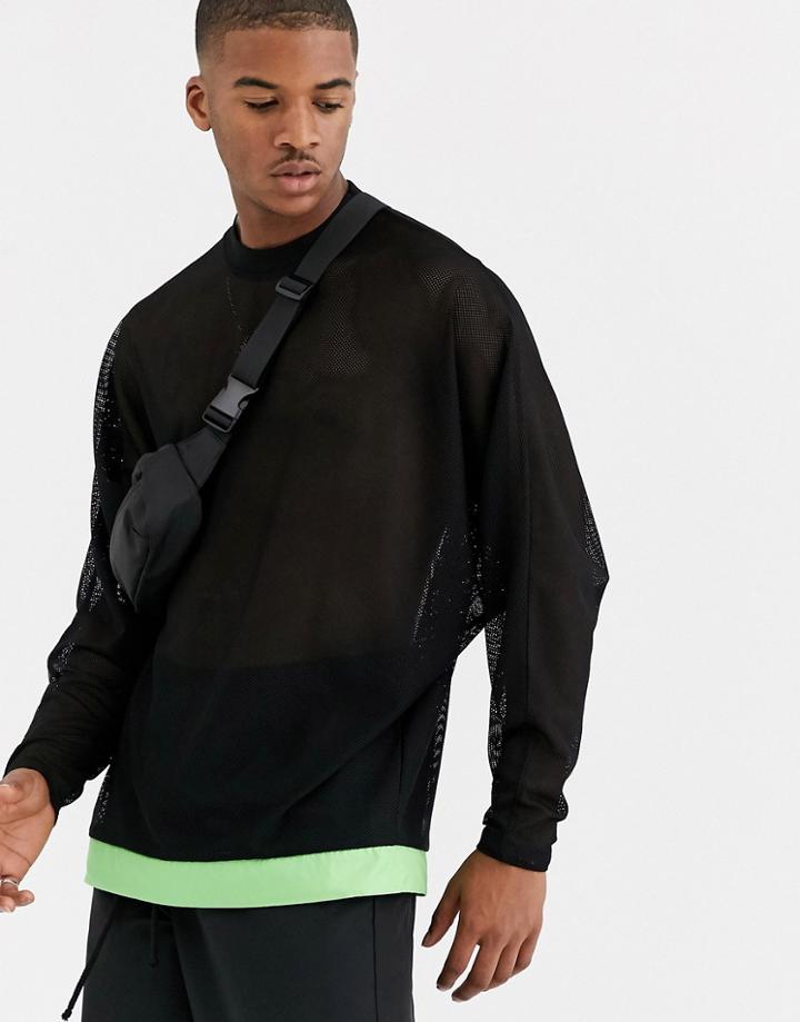 Asos Design Oversized Long Sleeve T-shirt With Batwing Sleeve In Mesh And Neon Drawcord Hem