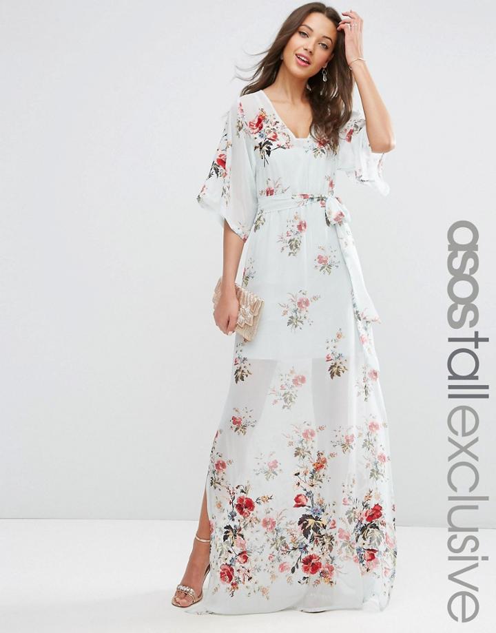 Asos Tall Salon Maxi Dress With Embroidery & Floral Print - Multi
