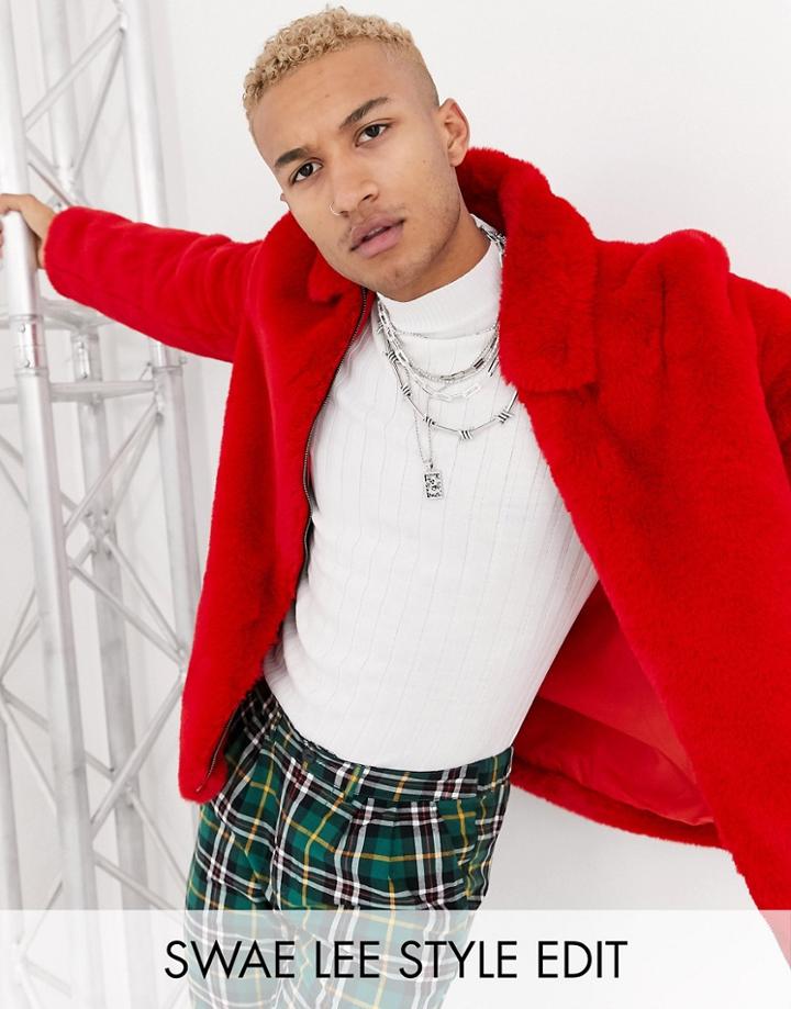 Asos Design Faux Fur Harrington Jacket In Red
