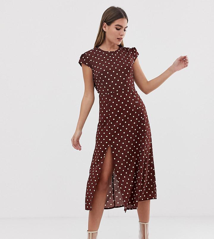 Prettylittlething Side Split Midi Dress In Chocolate Polka Dot - Multi