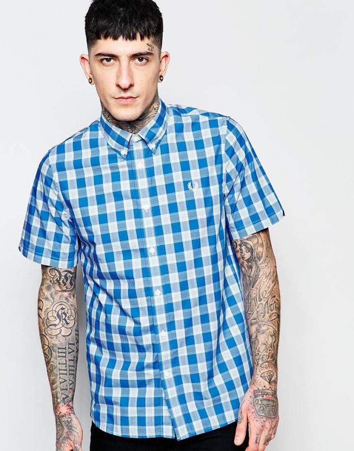 Fred Perry Shirt In Tartan & Gingham Check Short Sleeves In Slim Fit - Prince Blue