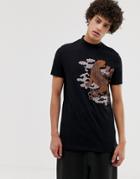 Asos Design Longline T-shirt Organic Cotton With Souvenir Tiger Print And Turtleneck - Black