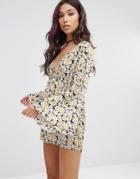 Motel Deep V Kimono Romper In Ditsy Daisy Print - Multi