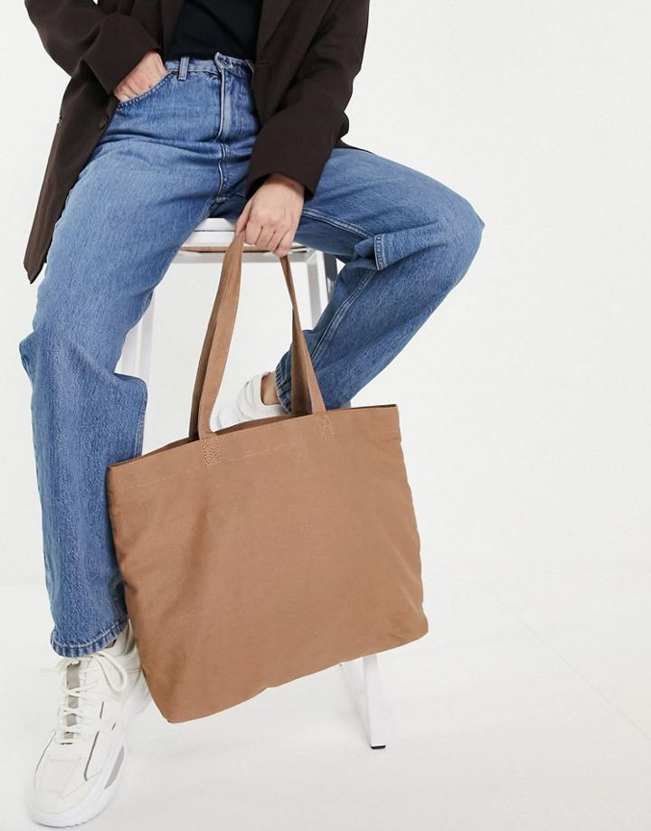 Asos Design Canvas Shopper With Laptop Compartment In Natural-neutral