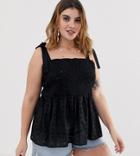 Asos Design Curve Cami Broderie Sun Top With Shirring And Tie Shoulder Detail - Black
