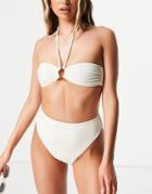 Asos Design High Leg High Waist Bikini Bottoms In Ivory Velvet-white