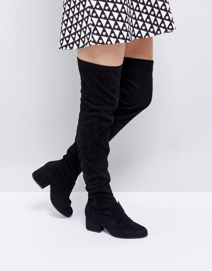 London Rebel Oversized Bow Over Knee Boot - Black