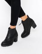 London Rebel Zip Front Chunky Heeled Ankle Boots - Black Pu