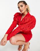 Asos Design Wiggle Lace Tux Puff Sleeve Mini Dress In Red-multi