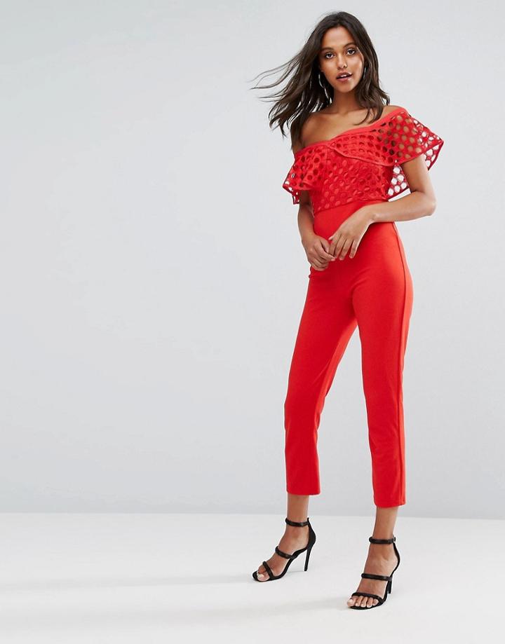 Missguided Frill Lace Bodice Jumpsuit - Red