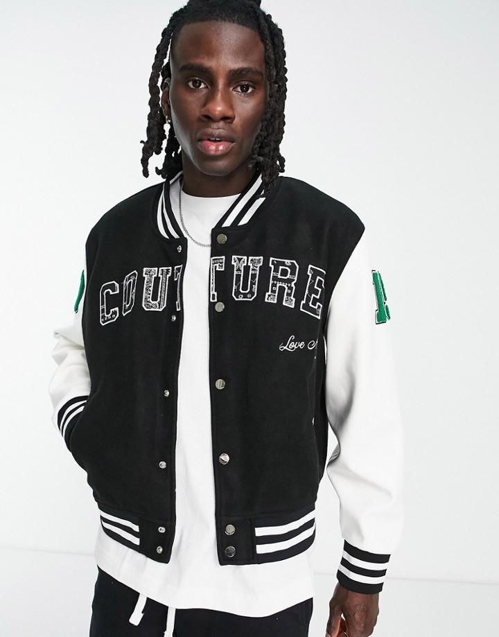 The Couture Club Varsity Bomber Jacket In Black And White With Embroidered Patches