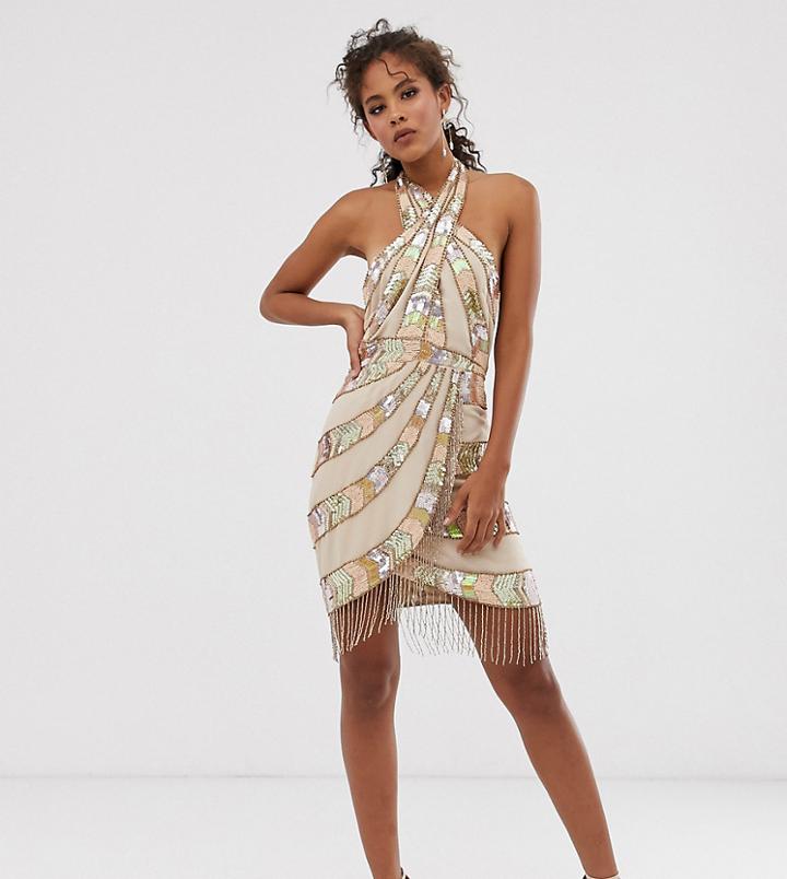 Asos Design Tall Mini Dress With Wrap Neck And Geo-tribal Embellishment Fringe - Multi