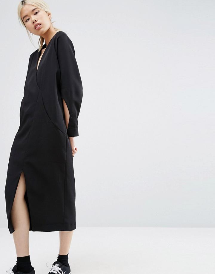 Asos White Midi Dress With Sleeve Cut Out Detail - Navy