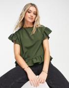 Asos Design Woven Tee With Ruffle Sleeves & Hem In Khaki-green
