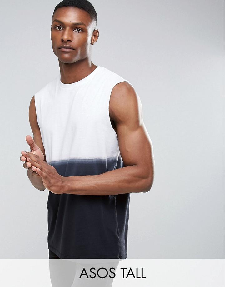 Asos Tall Sleeveless T-shirt With Dropped Armhole In Black/white Dip Dye - Black