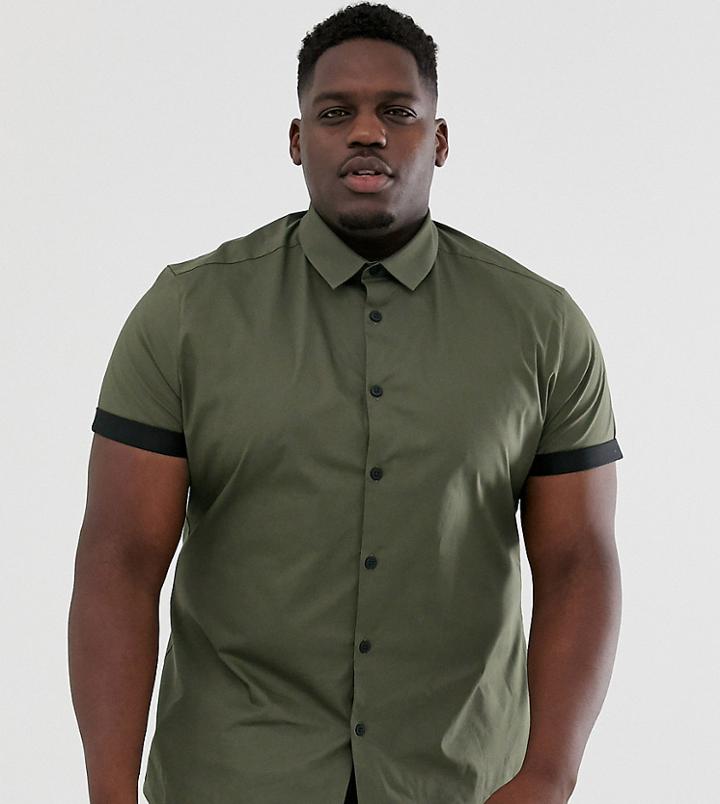 Asos Design Plus Skinny Fit Khaki Poplin Shirt With Contrast Turn Up-green
