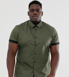Asos Design Plus Skinny Fit Khaki Poplin Shirt With Contrast Turn Up-green