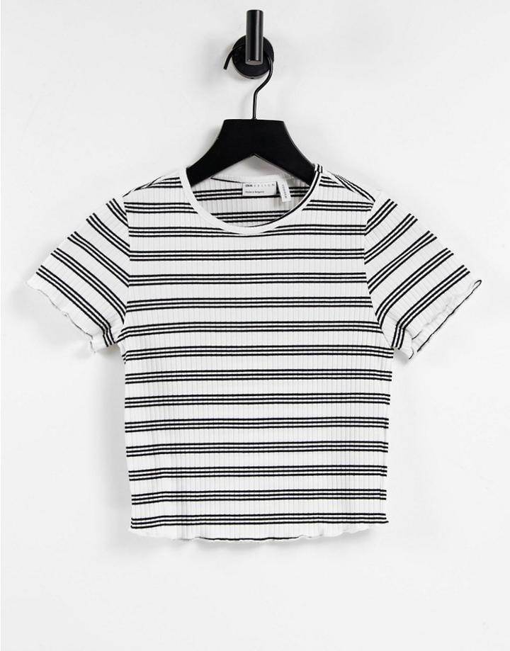 Asos Design Crop T-shirt With Lettuce Edge In White And Black Stripe-multi