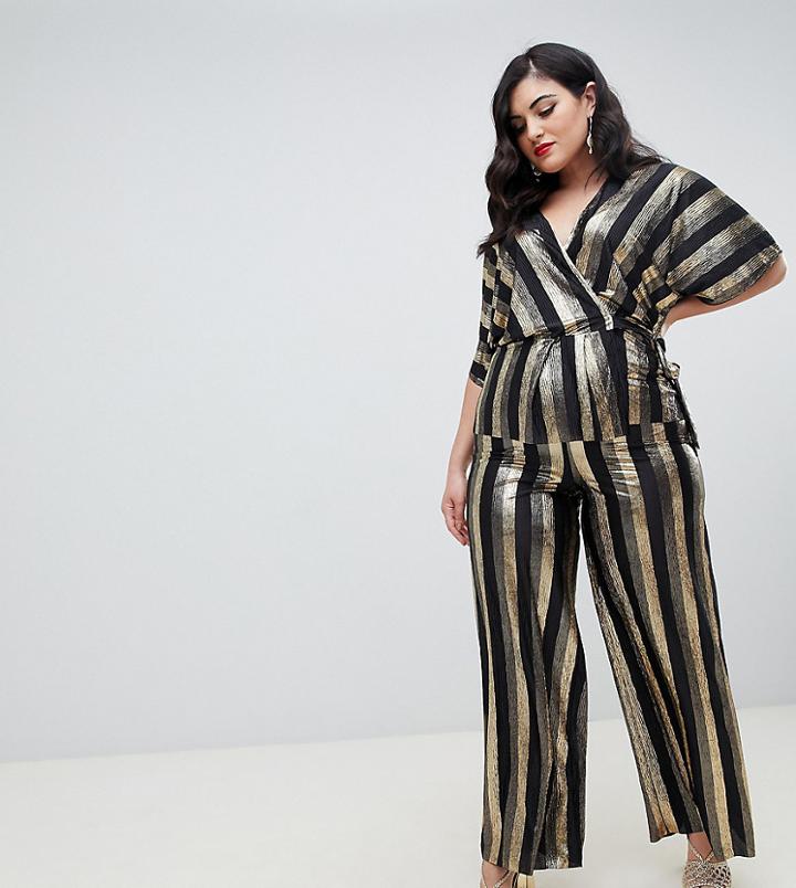 Flounce London Plus Wide Leg Pants In Gold Metallic Stripe - Black