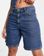 Asos Design Soft Denim Baggy Boyfriend Shorts In Midwash - Part Of A Set-blue
