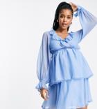 Asos Design Maternity Ruffle Detail Soft Mini Dress With Wrap Waist And Circle Trim-blues