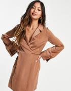 Asos Design Collared Satin Wrap Mini Dress With Tie Detail-neutral