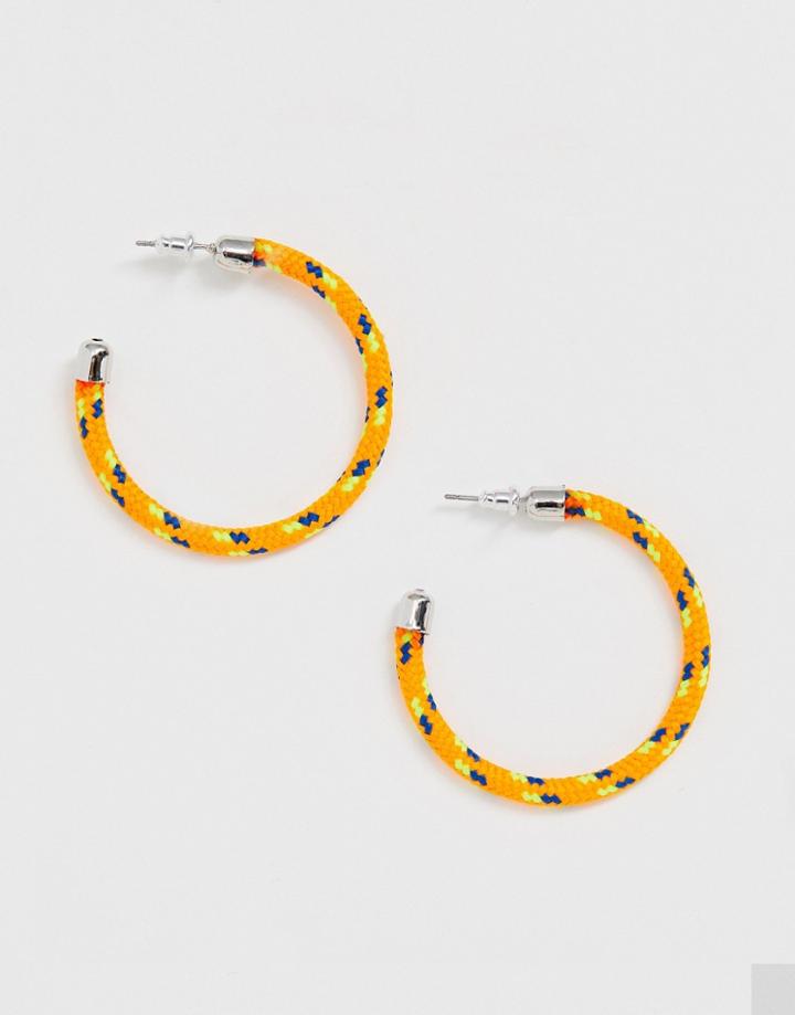 Asos Design Hoop Earrings In Tape Fabric In Neon Orange - Multi