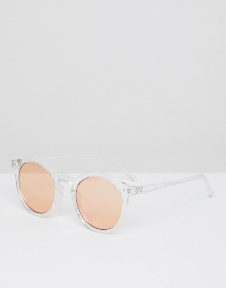 Asos Design Round Sunglasses In Crystal With Orange Lens - White