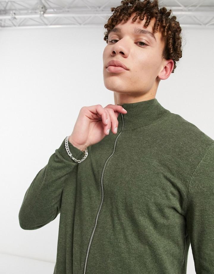 Asos Design Knitted Cotton Track Jacket In Khaki-green