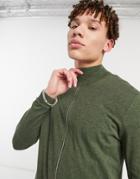 Asos Design Knitted Cotton Track Jacket In Khaki-green
