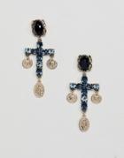 Asos Design Earrings In Cross Design With Bright Jewels And Vintage Style Icon Charms In Gold - Gold
