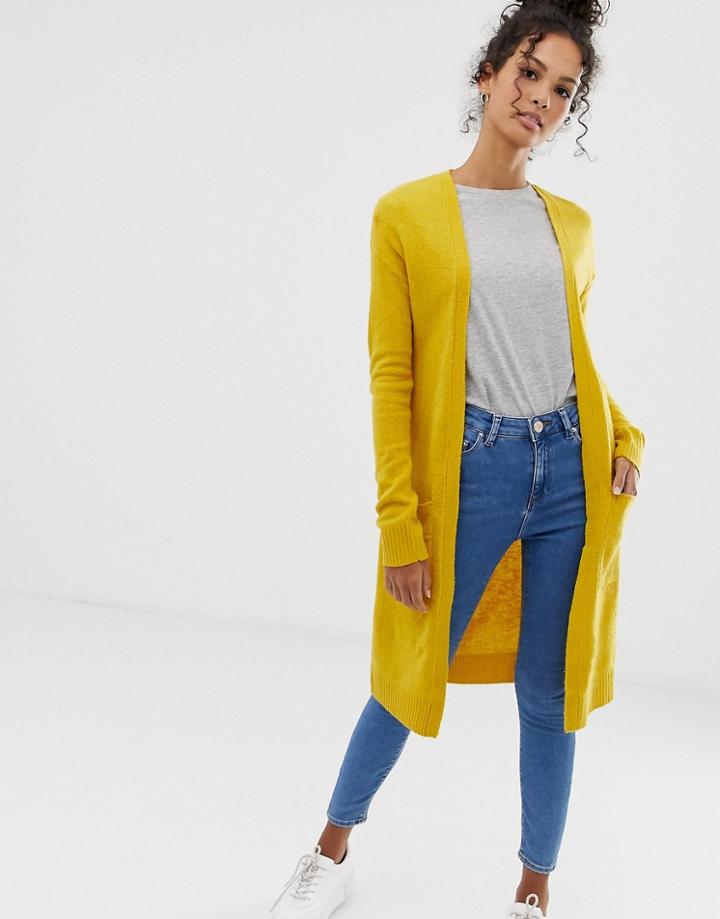 Brave Soul Longline Cardigan With Pockets In Mustard - Yellow