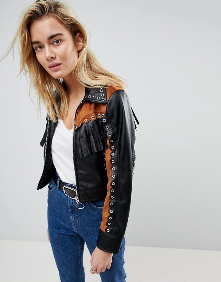 Asos Western Blocked Studded Leather Look Jacket - Gray