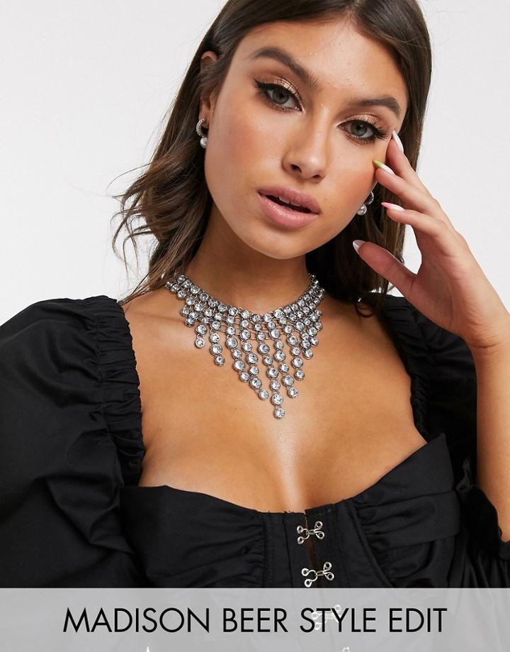 Asos Design Statement Necklace With Crystal Drops In Silver Tone