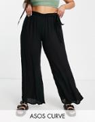 Asos Design Curve Tie Waist Palazzo Beach Pants In Black