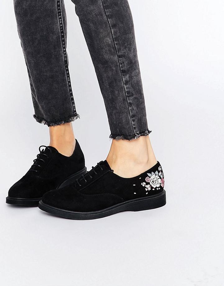 New Look Suedette Embroidered Lace Up Brogues - Black