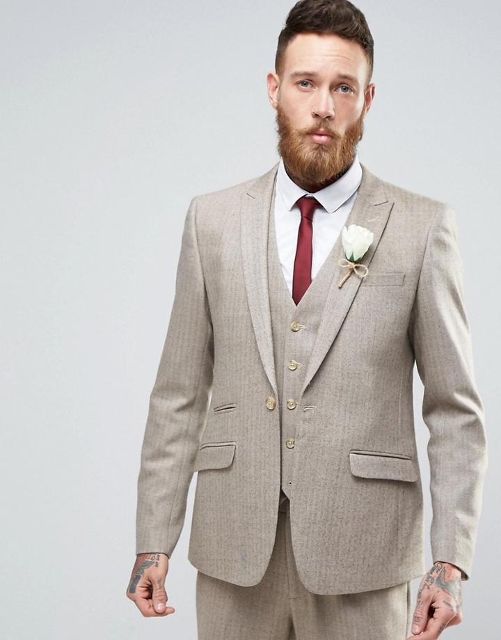 Asos Wedding Skinny Suit Jacket In Herringbone In Oatmeal Wool Blend - Beige