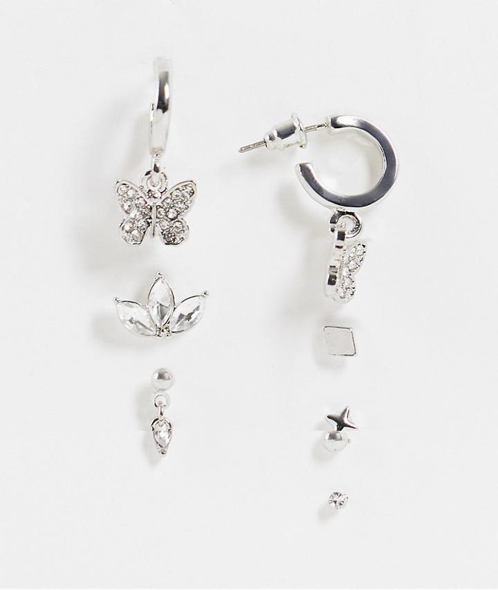 Topshop Butterfly And Crystal 8 X Multipack Earrings In Silver