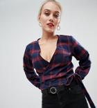 Parisian Petite Check Wrap Top-navy
