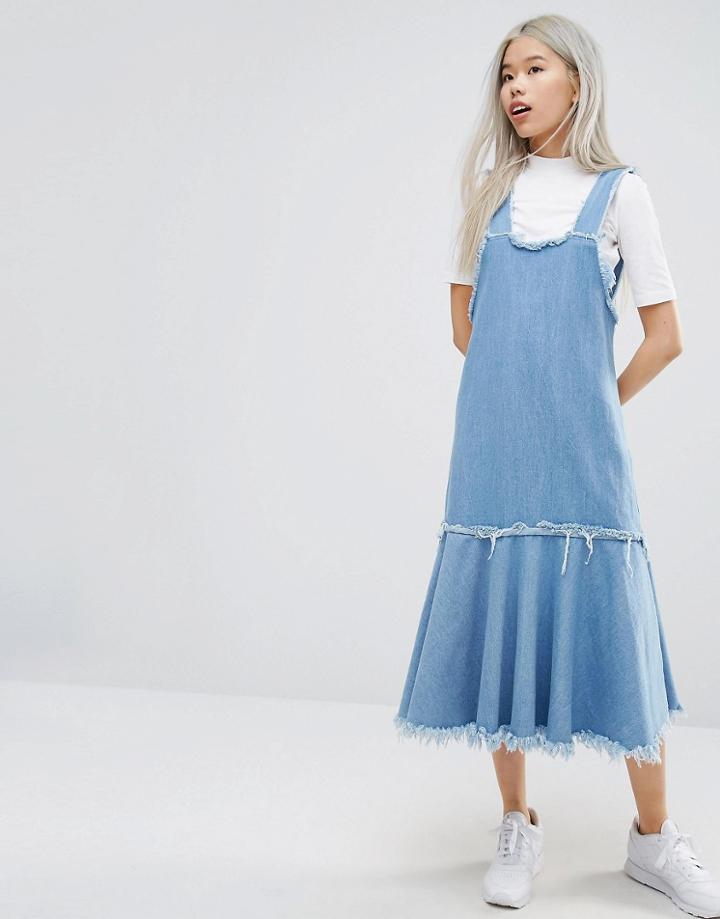 Stylenanda Frayed Edge Denim Pinafore Dress - Blue