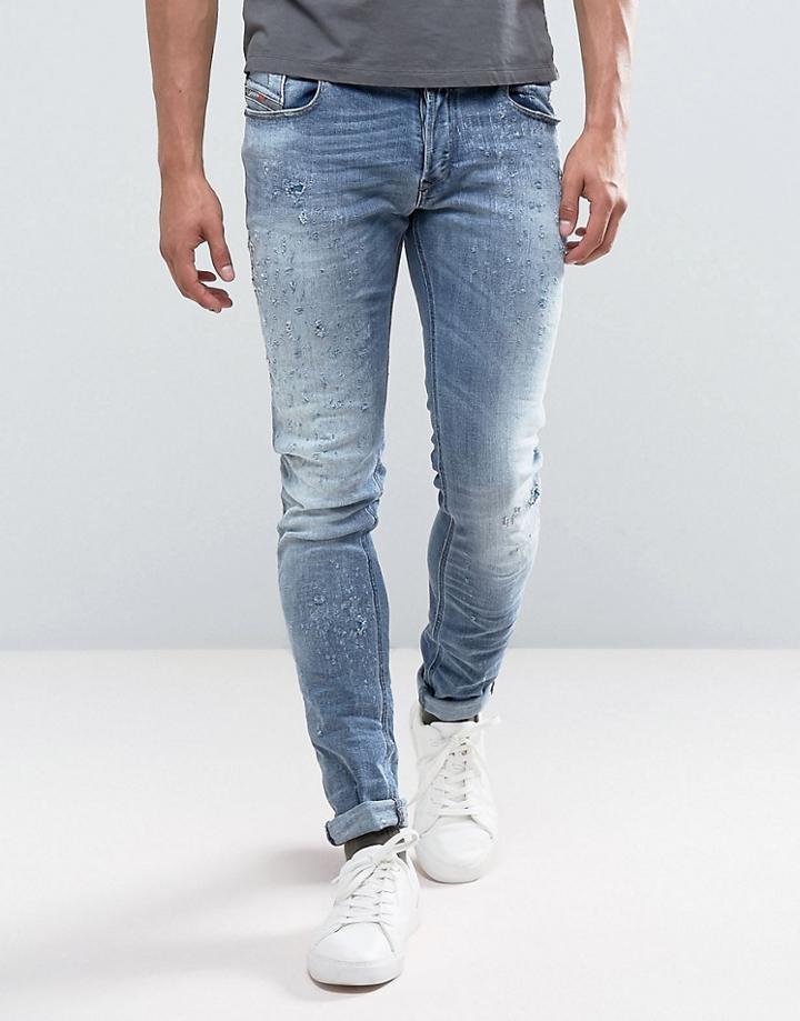Diesel Sleenker Skinny Jeans All Over Distressed Limited Edition - Blue