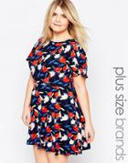 Club L Plus Skater Dress Withangel Sleeves In Artistic Floral Print - Artistic Floral