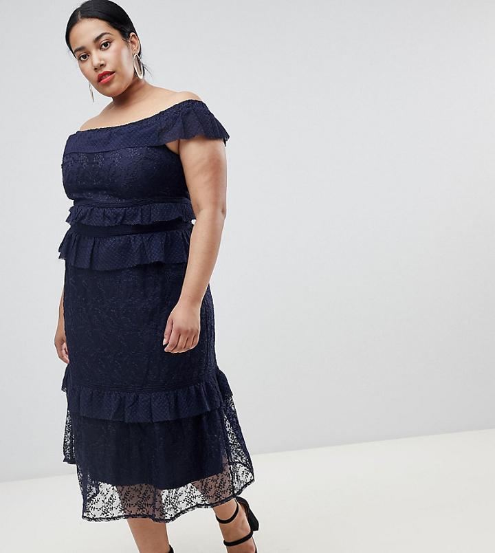 Lost Ink Plus Off Shoulder Maxi Dress With Tiered Ruffle Layers In Lace - Navy